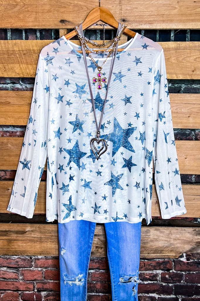 SPIRIT OF BLISS STARS BLUE DENIM MESH TOP