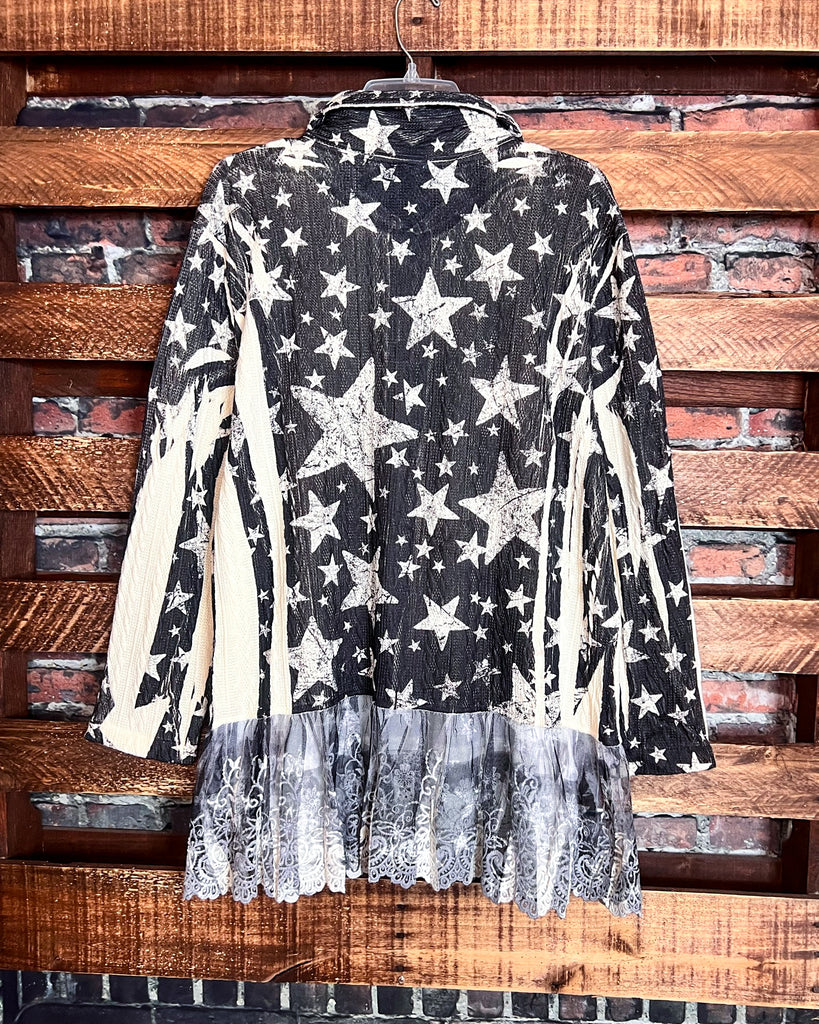 BLISSFUL MOMENTS FAB LACE JACKET IN BLACK & BEIGE