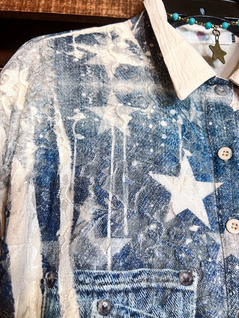 All of the Stars Fab Lace Shirt Dress Jacket In Beige & Navy Denim