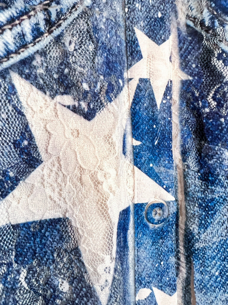 Queen Of Stars Comfort Lace Shirt Jacket In Beige & Blue Denim