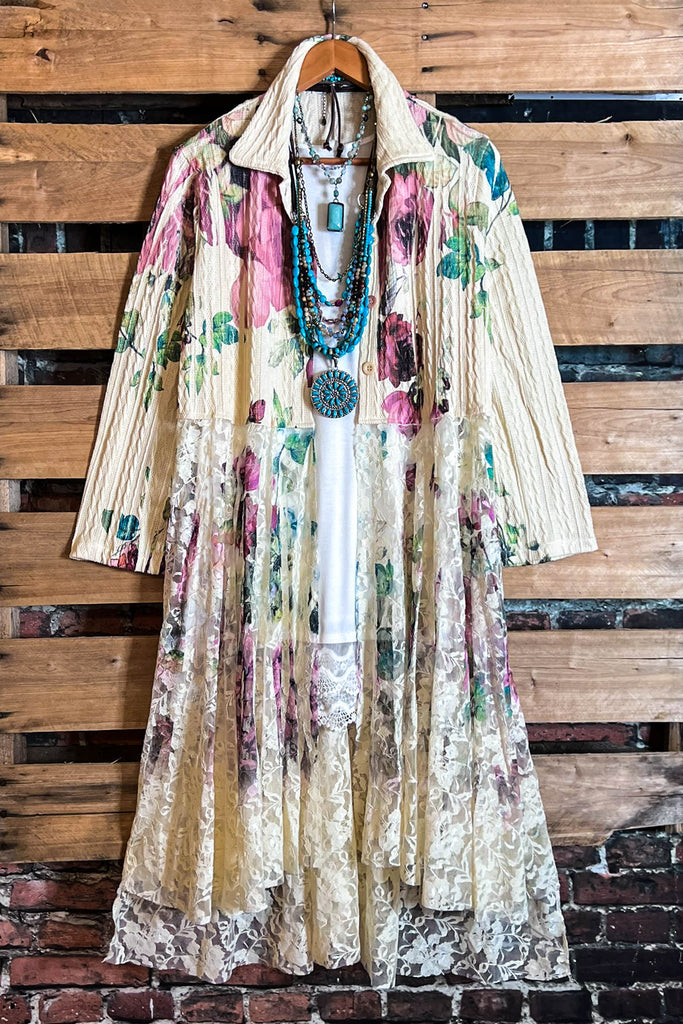 MAGNOLIA BLOSSOM LACE JACKET CARDIGAN IN BEIGE & MULTI-COLOR