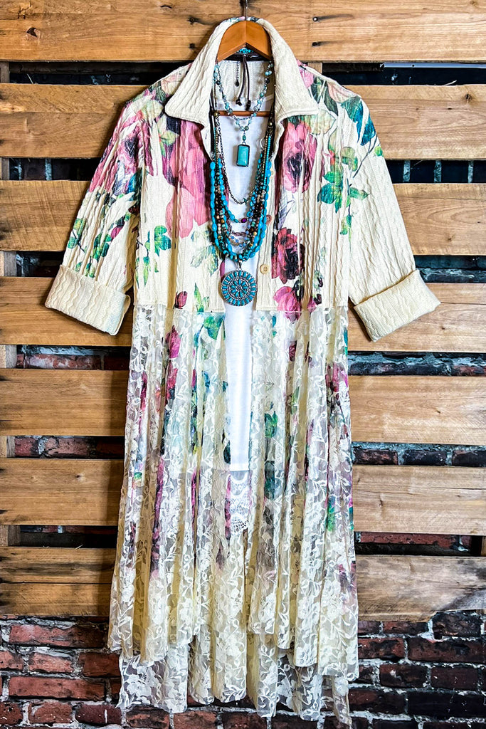 MAGNOLIA BLOSSOM LACE JACKET CARDIGAN IN BEIGE & MULTI-COLOR