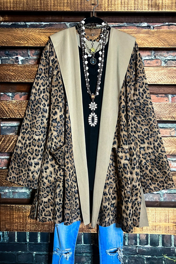 PLUS SIZE LEOPARD JACKET HOODIE PATCHED POCKETS---------SALE