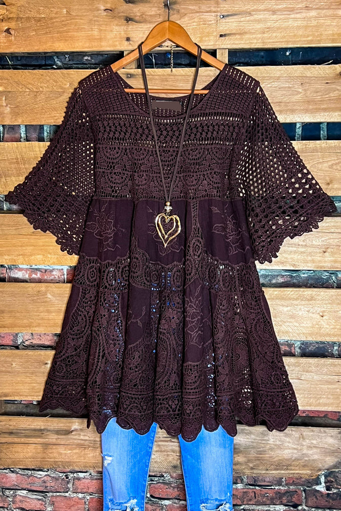 A FAIRYTALE 100% COTTON BROWN CROCHET TUNIC