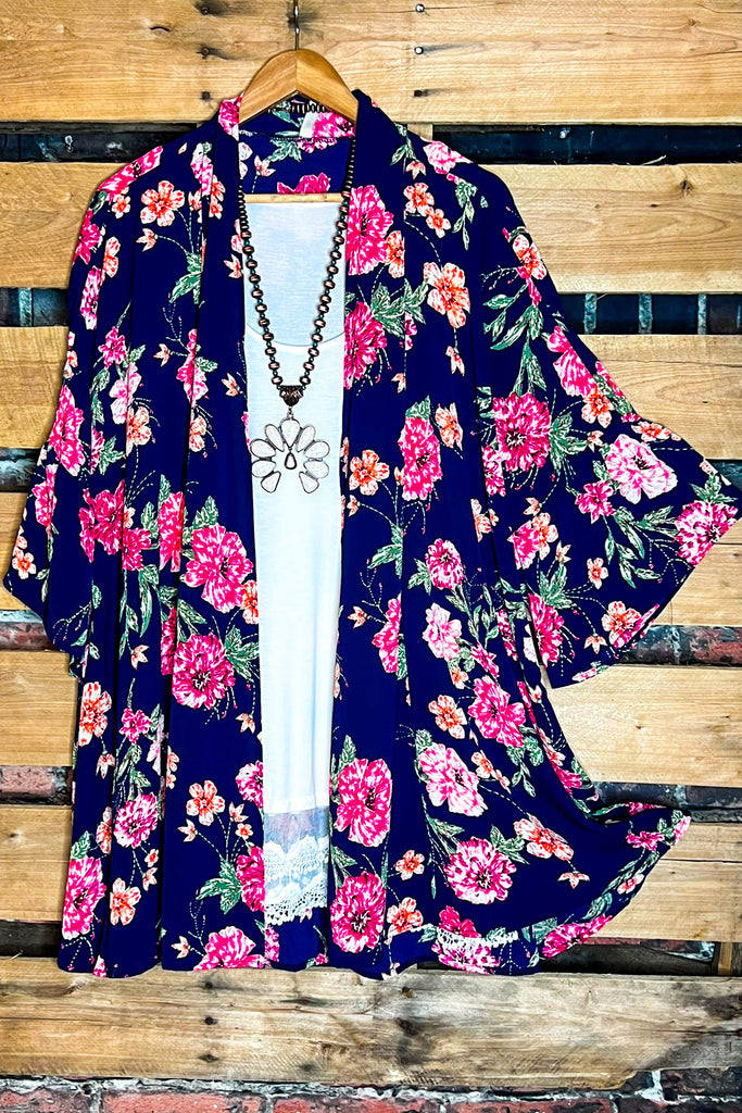 PRETTY IN PARADISE NAVY BLUE & FLORAL KIMONO --------SALE