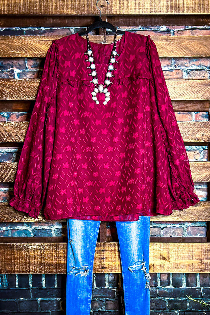 BLISSFUL GRACE EMBELLISHED WINE BLOUSE