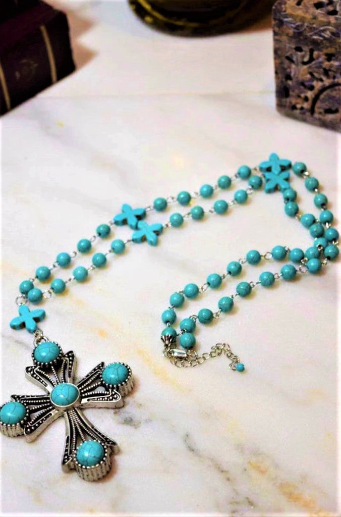IT'S SO MYSTICAL VICTORIAN CROSS NECKLACE IN TURQUOISE
