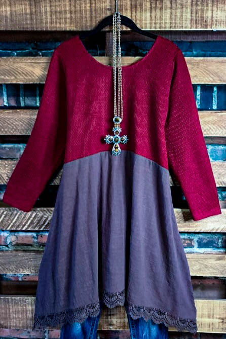 16-26 SIZE - NEW BEGINNINGS EMPIRE WAIST DRESS TUNIC BROWN & CRIMSON------SALE