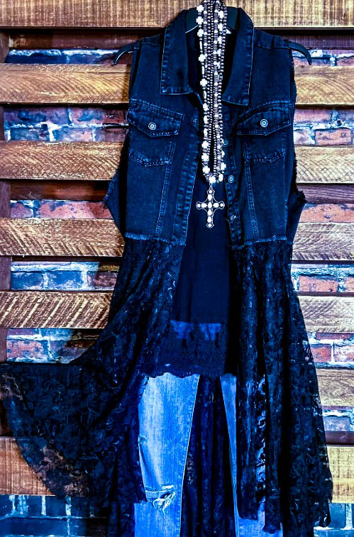 NEVER OUT OF STYLE BOHO DENIM & LACE VEST IN BLACK