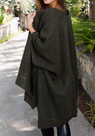Take It Easy Oversized Cozy Chunky Pocket Ruana Cardigan in Dark Olive