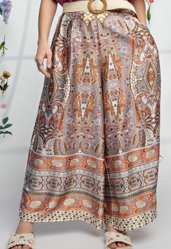 SEA BREEZE SATIN PRINTED WIDE LEGS PLUS SIZE PANTS IN CORAL & MULTI-----SALE
