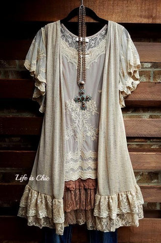 VINTAGE ANGEL EMBROIDERED OVERSIZED LACE KIMONO BROWN