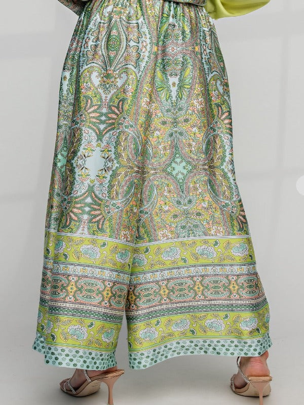 SATIN PRINTED WIDE LEGS PLUS SIZE PANTS IN GREEN & MULTI -----SALE