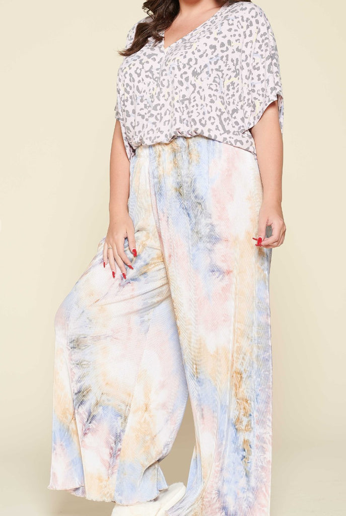 1X-3X SIZE -PLUS SIZE TIE DYE BLUE & PINK PLEATED WIDE PANTS --------- SALE