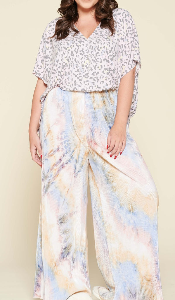 1X-3X SIZE -PLUS SIZE TIE DYE BLUE & PINK PLEATED WIDE PANTS --------- SALE