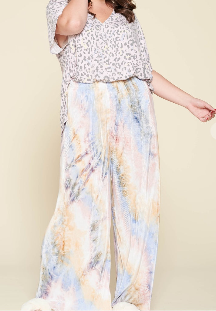 1X-3X SIZE -PLUS SIZE TIE DYE BLUE & PINK PLEATED WIDE PANTS --------- SALE