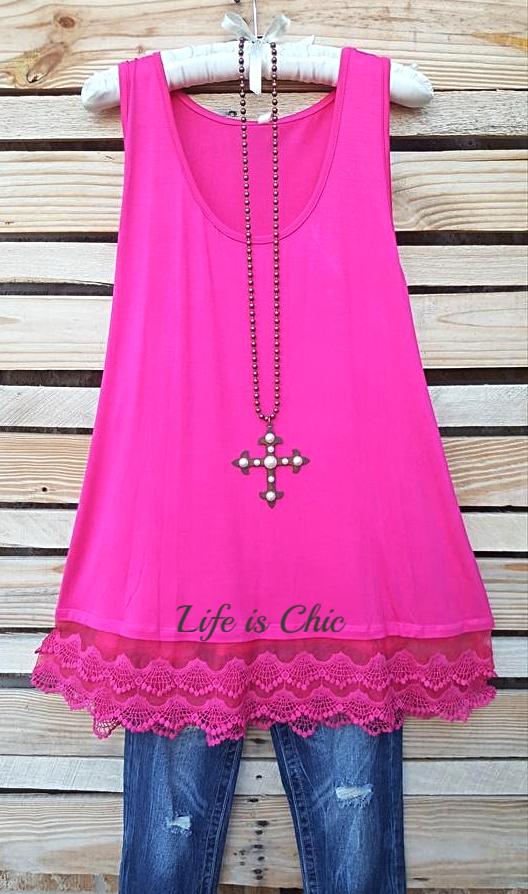 LACE LAYERING BASIC TOP IN HOT PINK [product vendor] - Life is Chic Boutique
