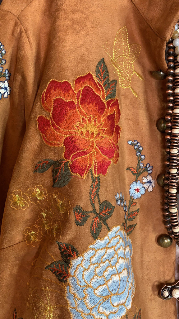 SEDONA GYPSY SOUL EMBROIDERED FAUX SUEDE JACKET IN CAMEL