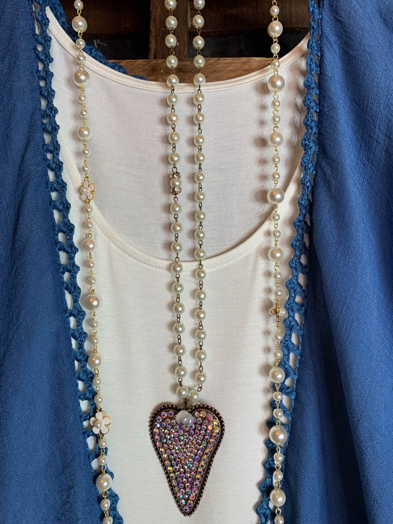 LIVING FREE BOHO CROCHET FRINGE KIMONO IN DENIM BLUE