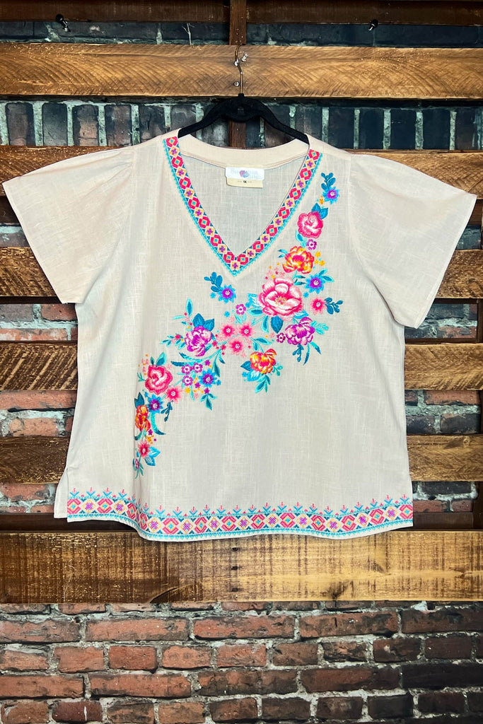 6-24 SIZE - Natural 100% Cotton Floral Embroidered Top--------SALE