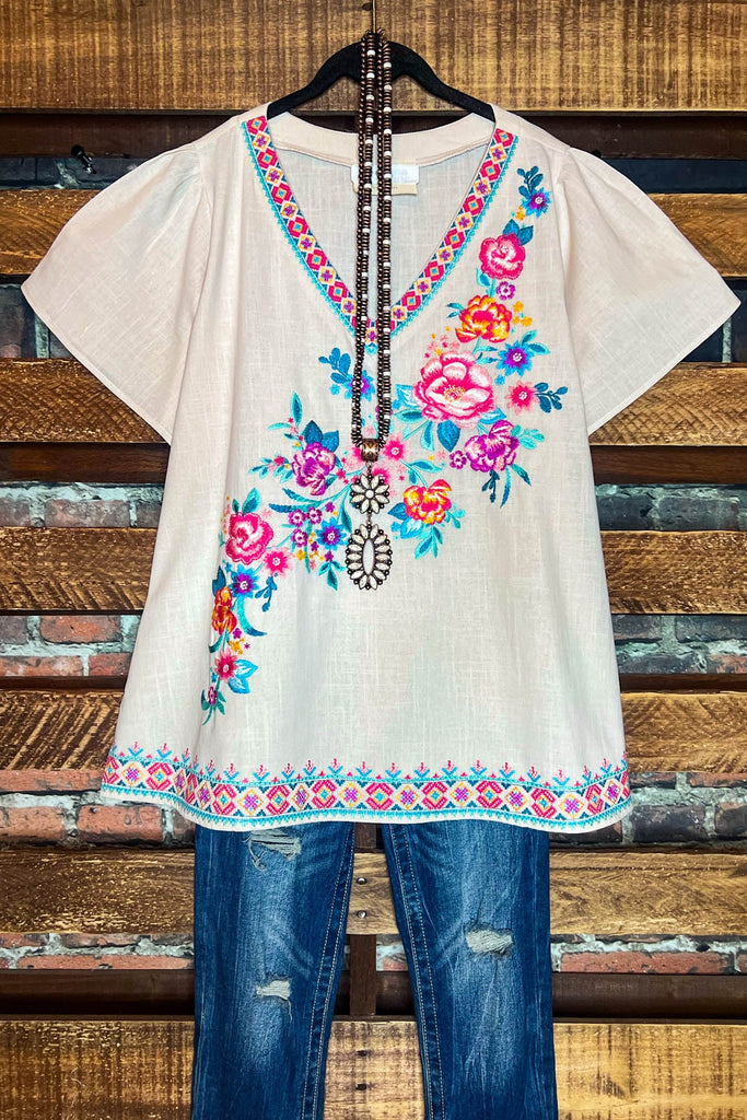 6-24 SIZE - Natural 100% Cotton Floral Embroidered Top--------SALE