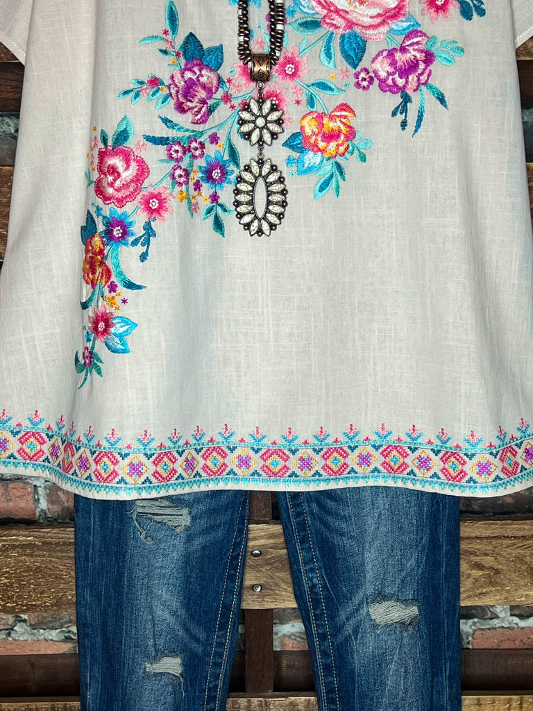 6-24 SIZE - Natural 100% Cotton Floral Embroidered Top--------SALE