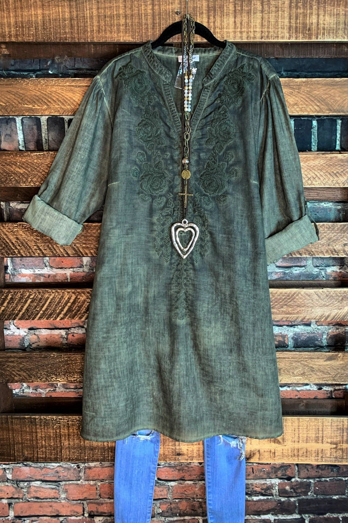KEEP LOVE ALIVE OLIVE EMBROIDERED DRESS TUNIC