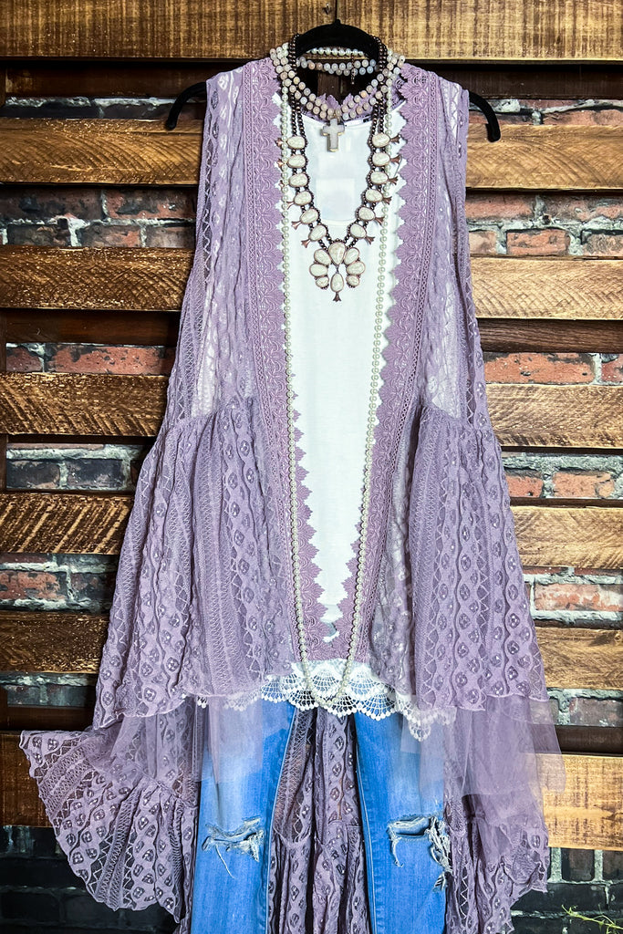 TIMELESS GLAMOUR LAVENDER LACE VEST DUSTER