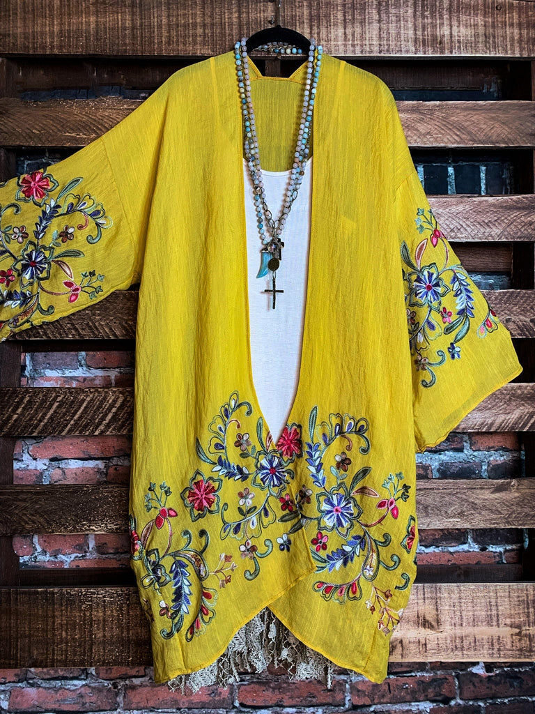 GO WITH GRACE MUSTARD FLORAL EMBROIDERED KIMONO