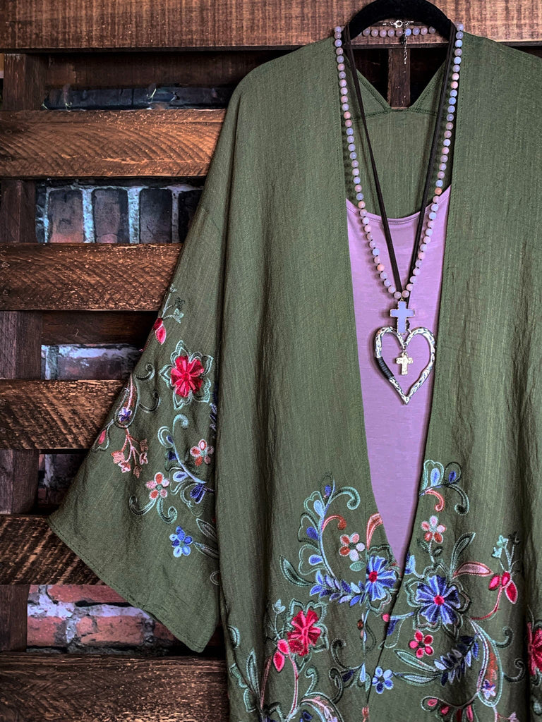 GO WITH GRACE OLIVE FLORAL EMBROIDERED KIMONO