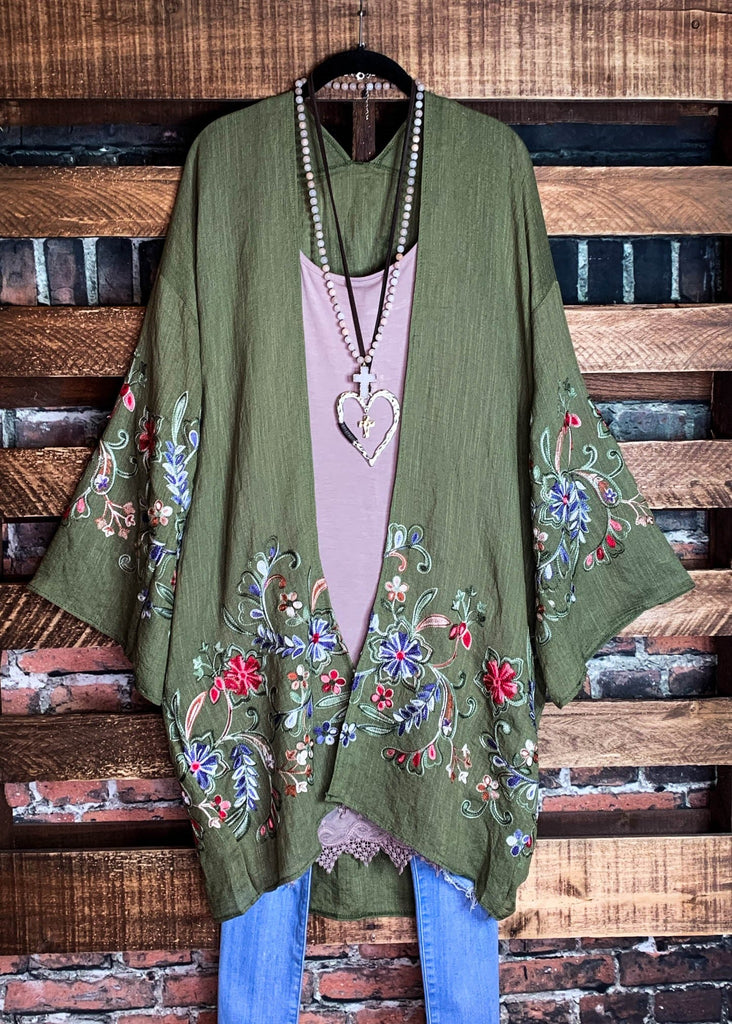 GO WITH GRACE OLIVE FLORAL EMBROIDERED KIMONO