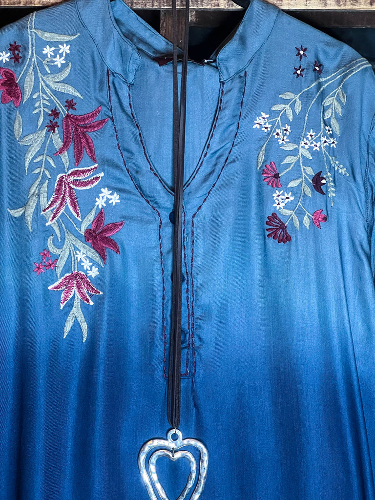 PEASANT GAUZE EMBROIDERED SHIRT IN BLUE TONES---------SALE