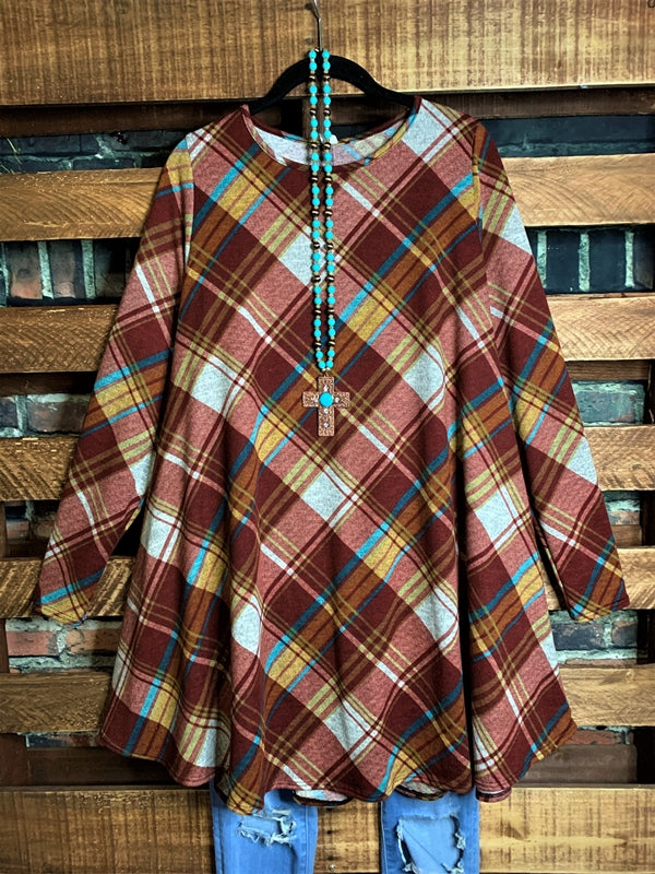 14-18 SIZE - PLAID SWEATER DRESS WITH POCKETS IN BRICK---SALE