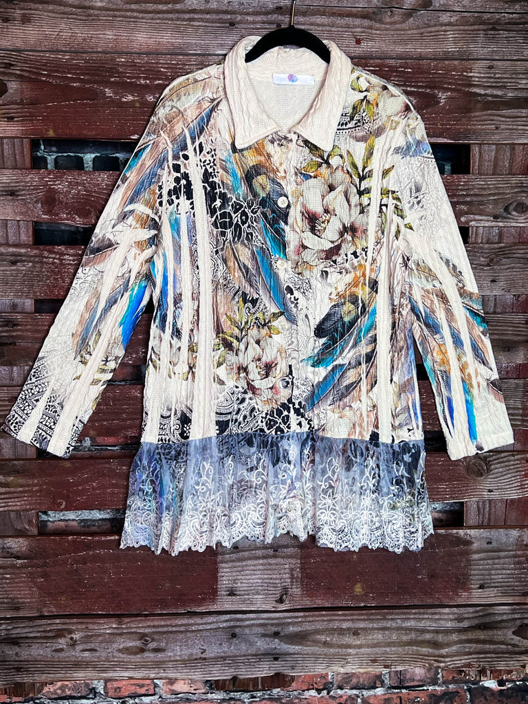 WONDER PARADISE LACE JACKET IN FLORAL & FEATHER PRINT