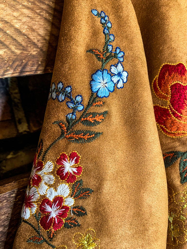 SEDONA GYPSY SOUL EMBROIDERED FAUX SUEDE JACKET IN CAMEL