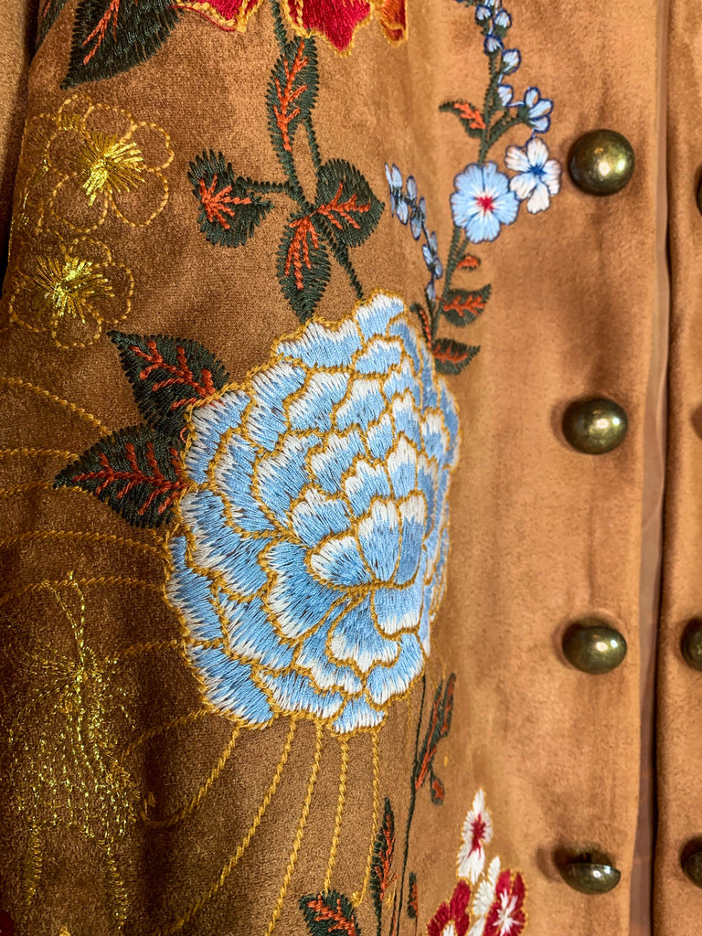 SEDONA GYPSY SOUL EMBROIDERED FAUX SUEDE JACKET IN CAMEL