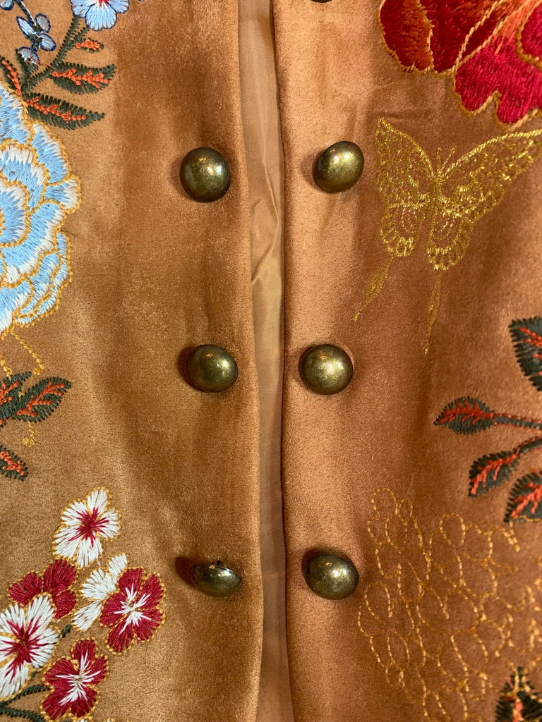 SEDONA GYPSY SOUL EMBROIDERED FAUX SUEDE JACKET IN CAMEL