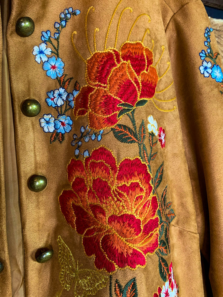 SEDONA GYPSY SOUL EMBROIDERED FAUX SUEDE JACKET IN CAMEL