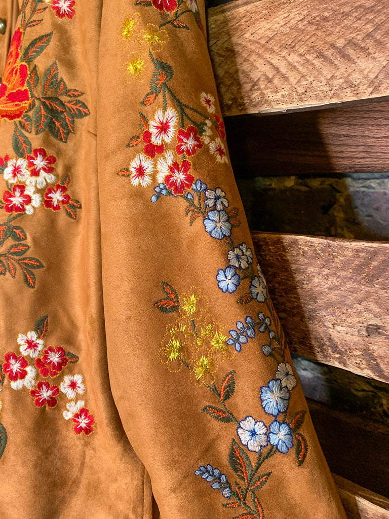 SEDONA GYPSY SOUL EMBROIDERED FAUX SUEDE JACKET IN CAMEL