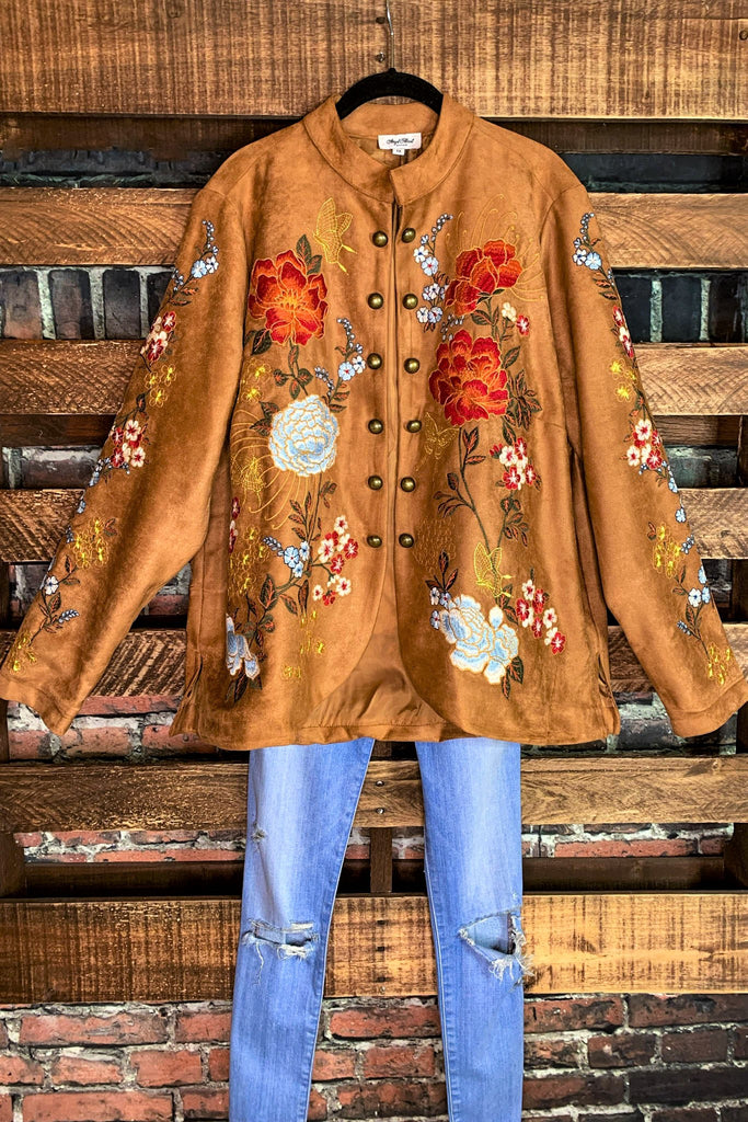 SEDONA GYPSY SOUL EMBROIDERED FAUX SUEDE JACKET IN CAMEL