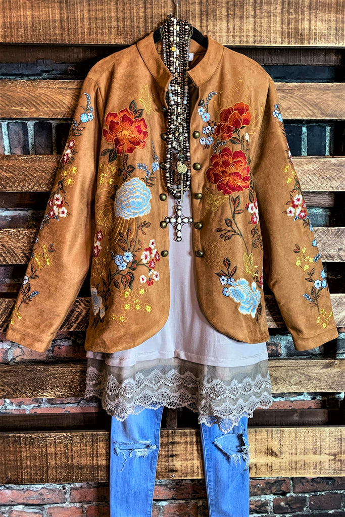 SEDONA GYPSY SOUL EMBROIDERED FAUX SUEDE JACKET IN CAMEL