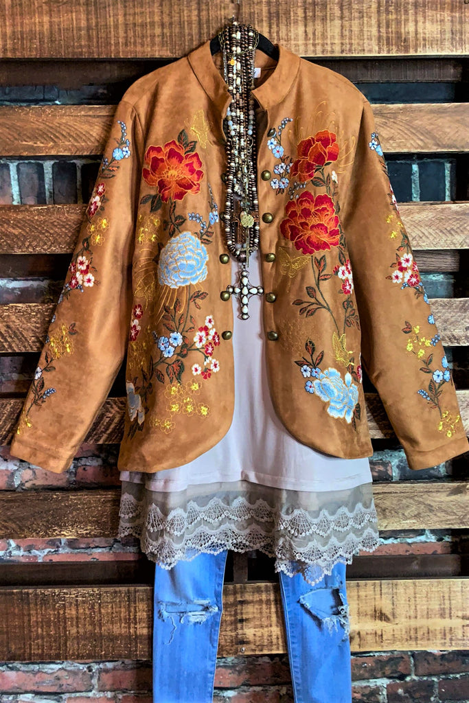 SEDONA GYPSY SOUL EMBROIDERED FAUX SUEDE JACKET IN CAMEL