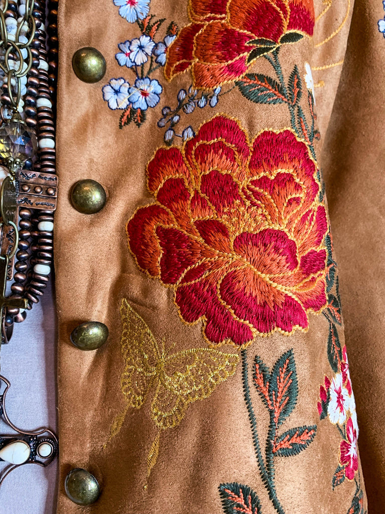 SEDONA GYPSY SOUL EMBROIDERED FAUX SUEDE JACKET IN CAMEL