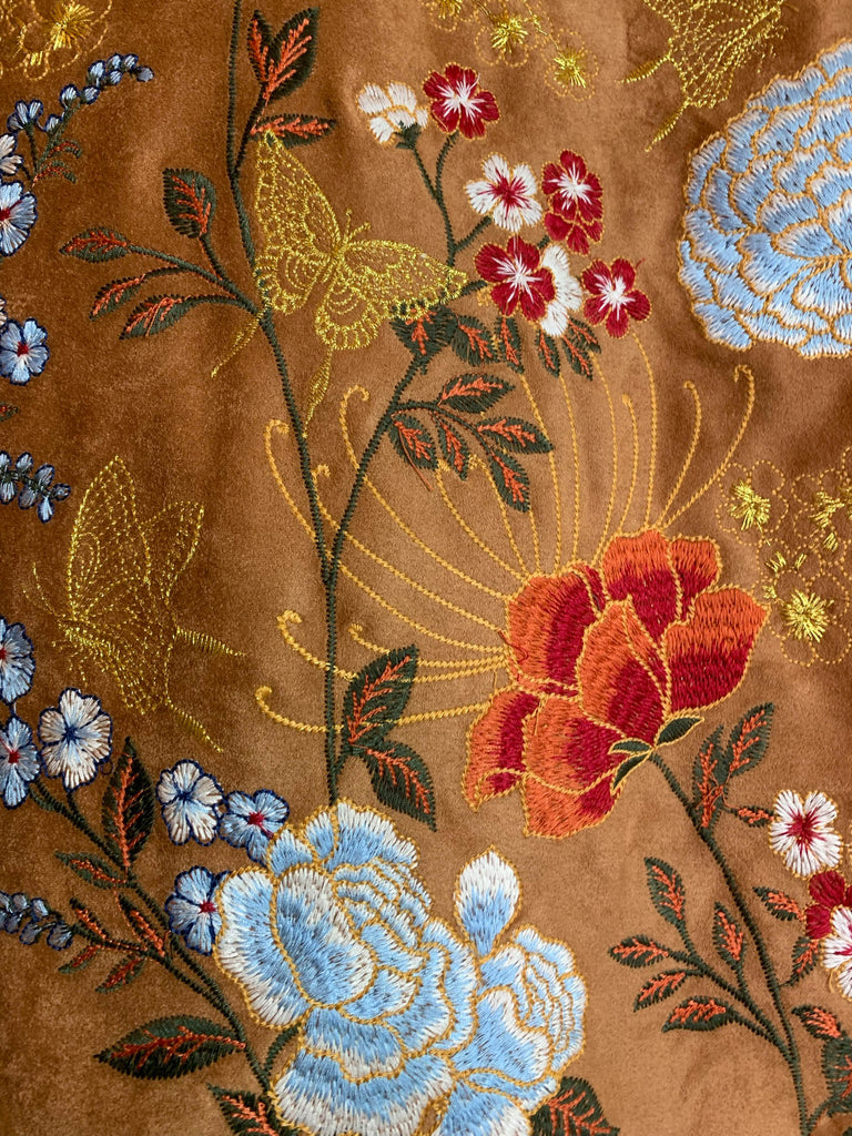 SEDONA GYPSY SOUL EMBROIDERED FAUX SUEDE JACKET IN CAMEL