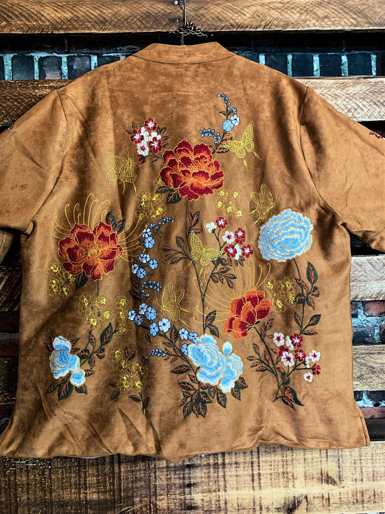 SEDONA GYPSY SOUL EMBROIDERED FAUX SUEDE JACKET IN CAMEL