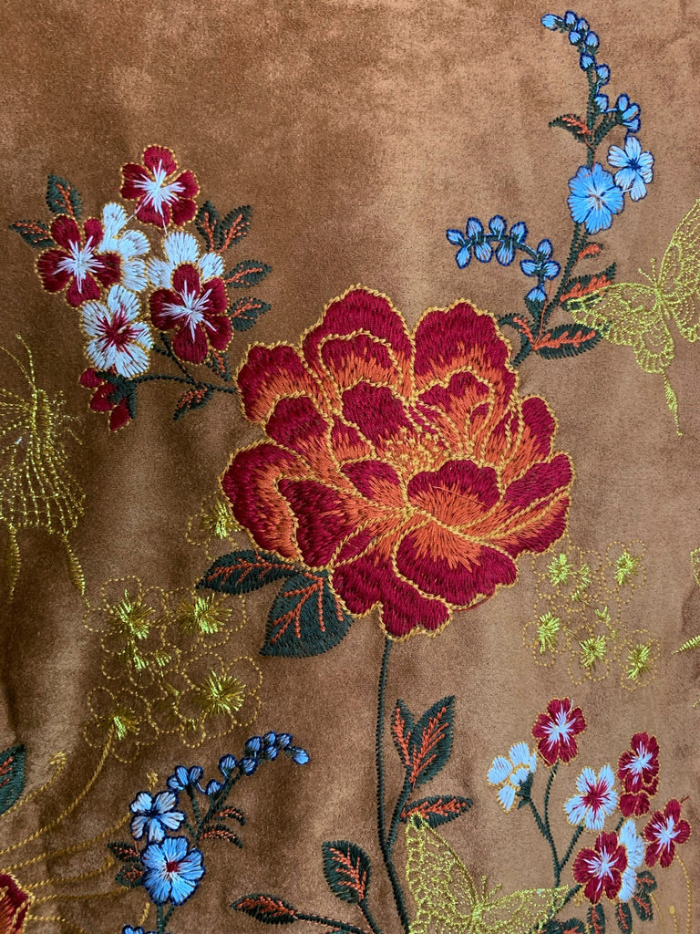 SEDONA GYPSY SOUL EMBROIDERED FAUX SUEDE JACKET IN CAMEL