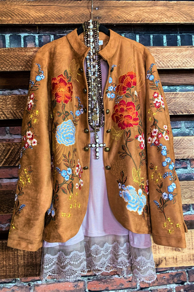 SEDONA GYPSY SOUL EMBROIDERED FAUX SUEDE JACKET IN CAMEL