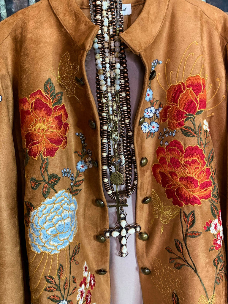 SEDONA GYPSY SOUL EMBROIDERED FAUX SUEDE JACKET IN CAMEL