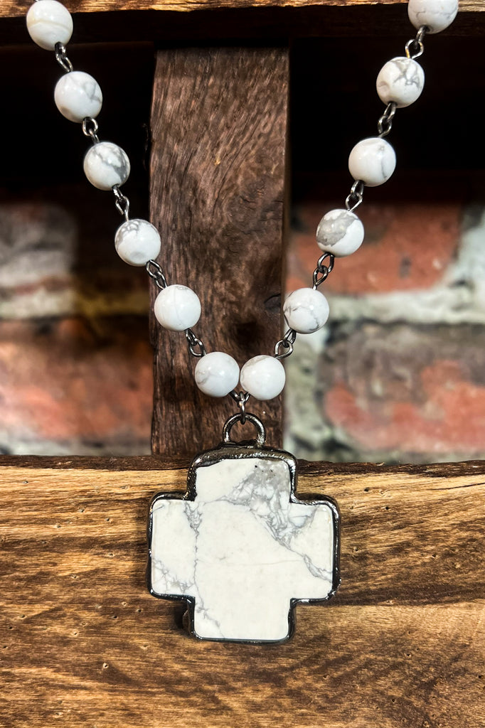 LUCKIEST BLESSED CHARM CROSS WHITE NATURAL STONE