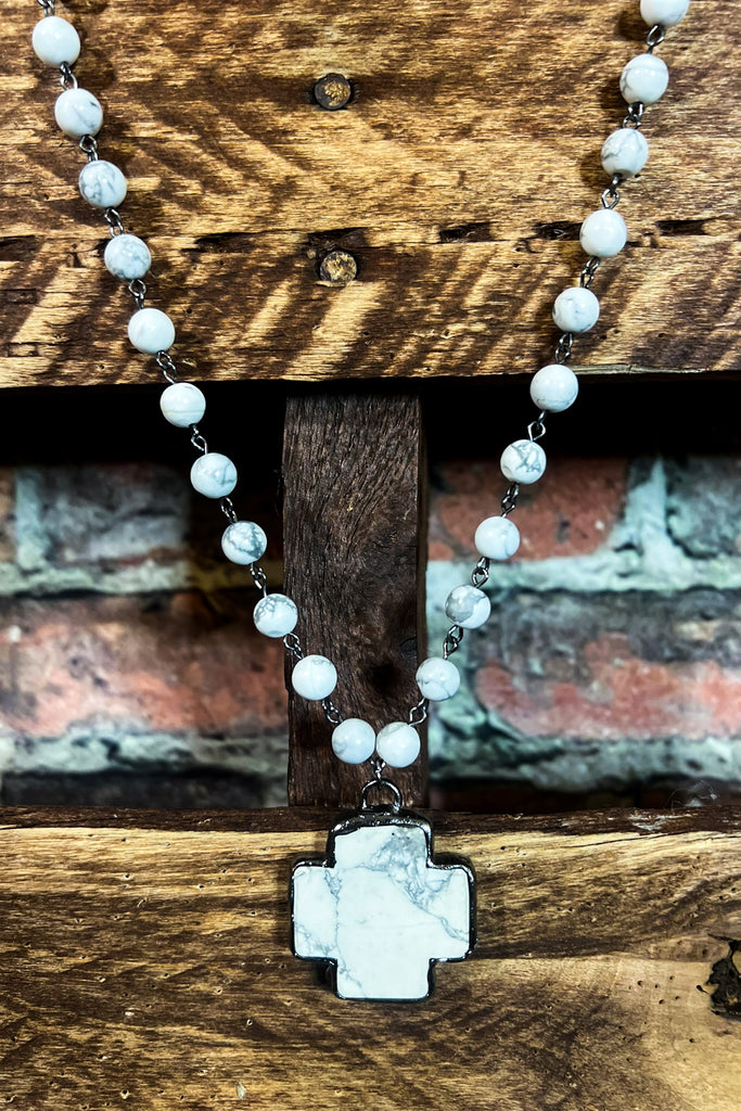 LUCKIEST BLESSED CHARM CROSS WHITE NATURAL STONE